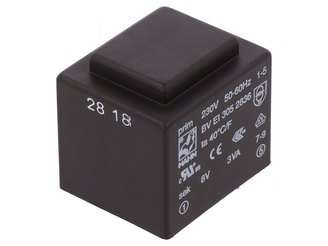 Transformator: ingegoten; 3VA; 230VAC; 8V; 375mA; PCB; BVEI Transformator: ingegoten; 3VA; 230VAC; 8V; 375mA; PCB; BVEI